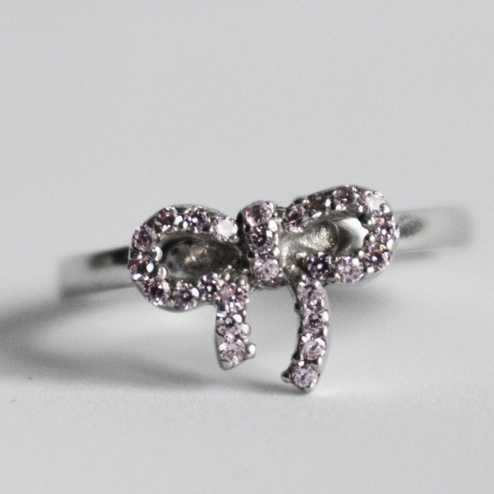 Sterling Silver 925 Pink Bow Crystal Ring